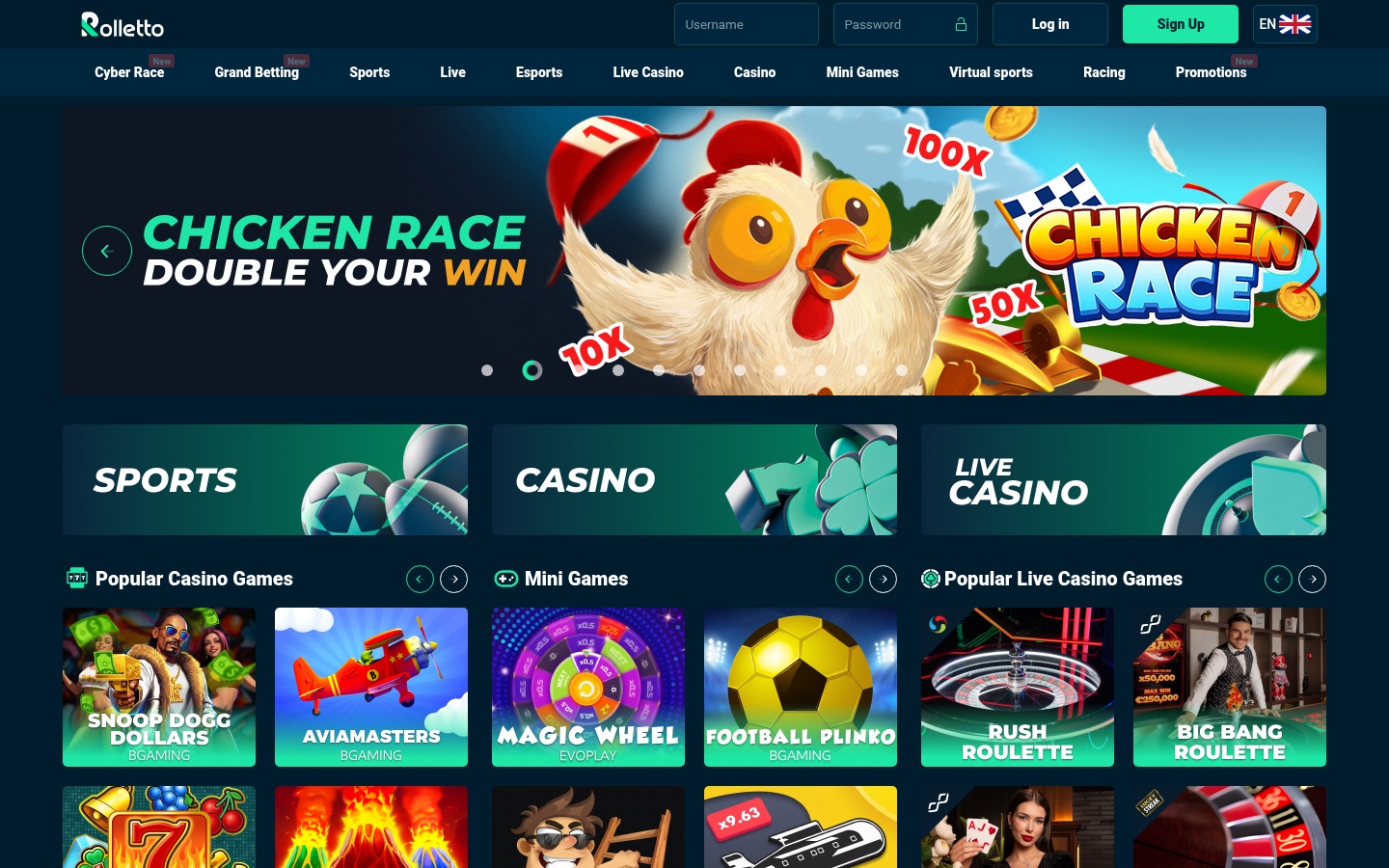 Rolletto casino lobby screenshot